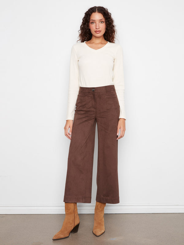 Faux Suede Cropped Wide Leg Pants - Coffee