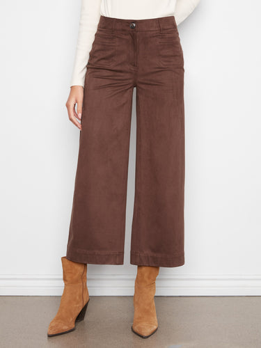 Stylish wide-leg pants in coffee faux suede, featuring stretch fabric for comfort by Charlie B.