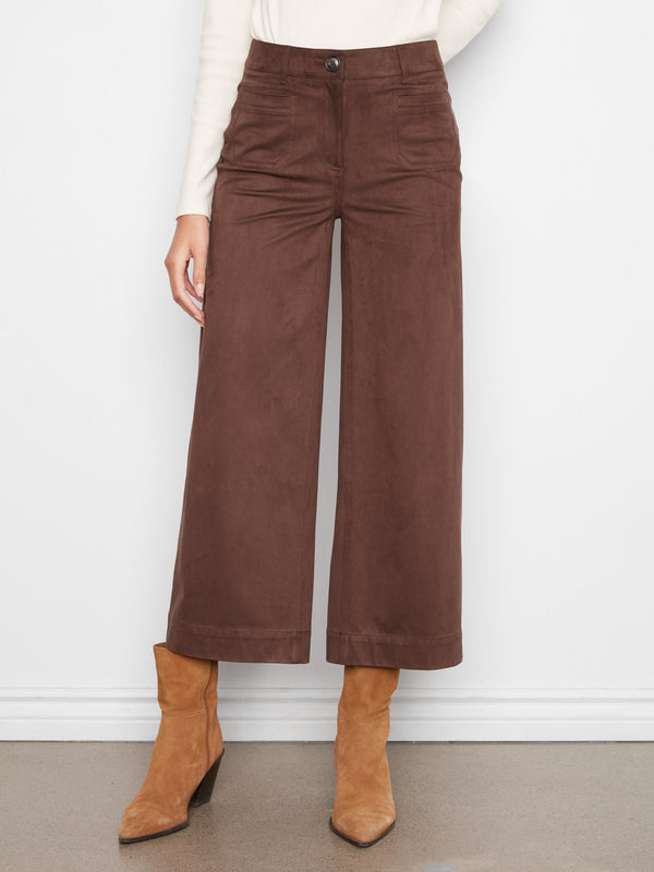 Faux Suede Cropped Wide Leg Pants - Coffee