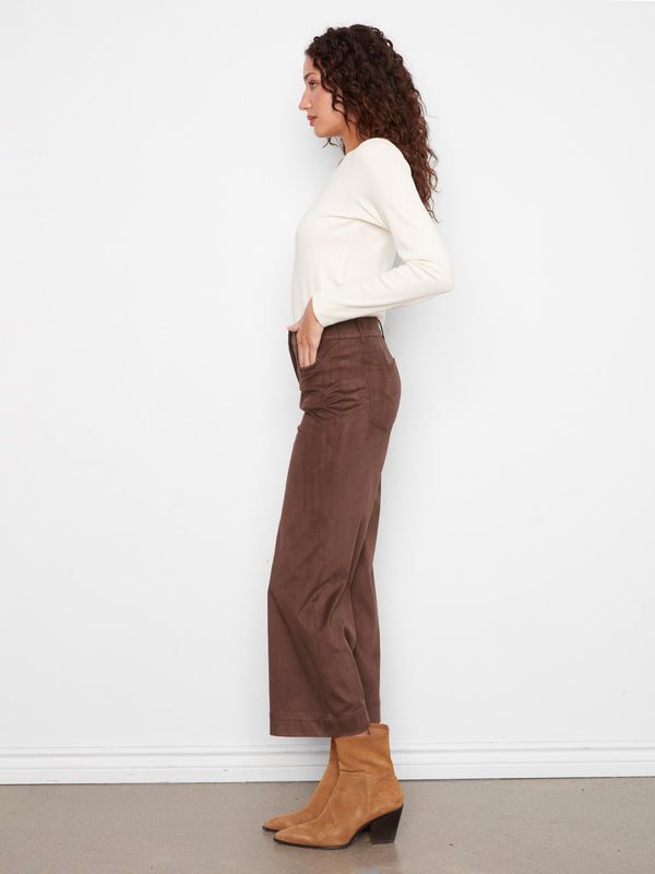 Faux Suede Cropped Wide Leg Pants - Coffee