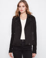 Black faux suede moto jacket with rib knit sleeves, featuring a notched lapel collar and sleek design by Charlie B.