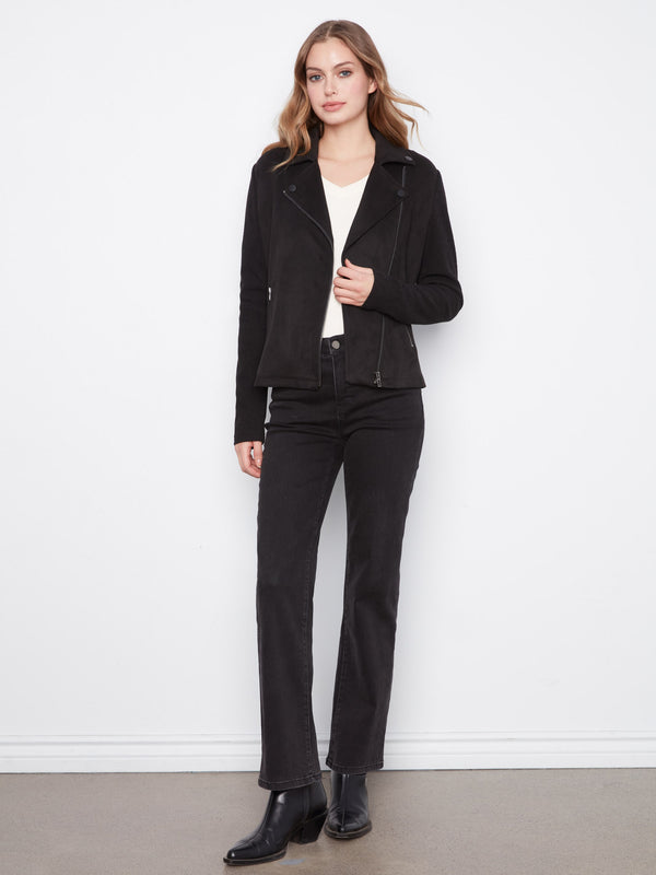 Faux Suede Moto Jacket With Knit Sleeves - Black