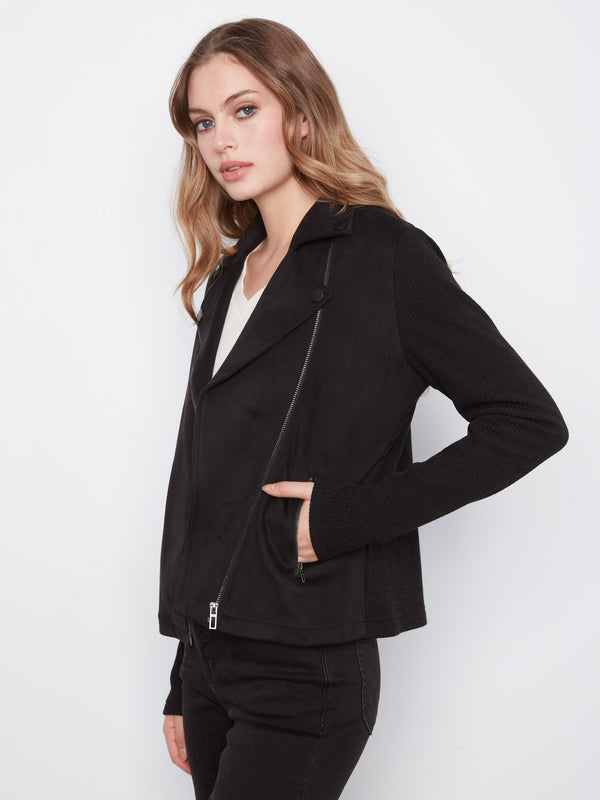 Faux Suede Moto Jacket With Knit Sleeves - Black