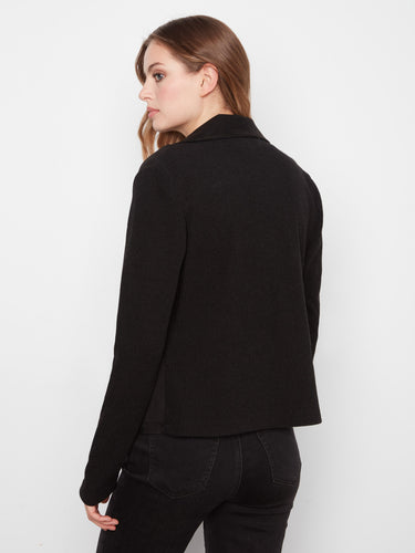 Sophisticated black faux suede moto jacket highlighting rib knit back for added texture by Charlie B.