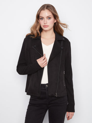 Stylish black faux suede moto jacket featuring tailored fit and contemporary appeal by Charlie B.