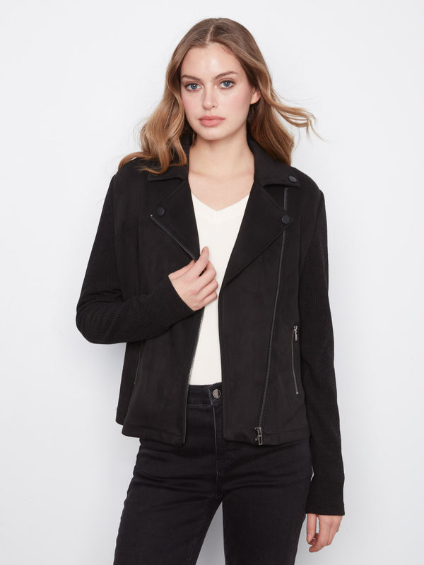 Faux Suede Moto Jacket With Knit Sleeves - Black