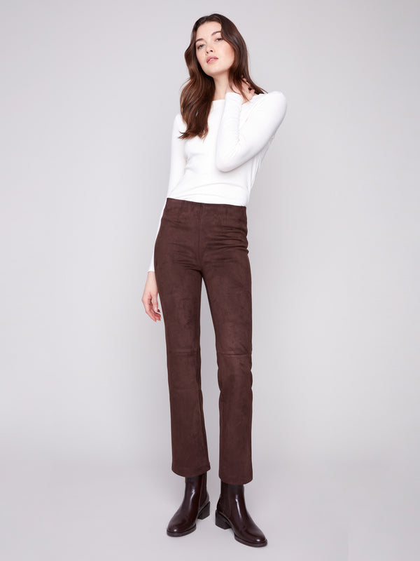 Mocha pants in a straight fit, crafted from stretch faux suede for comfort and style by Charlie B.