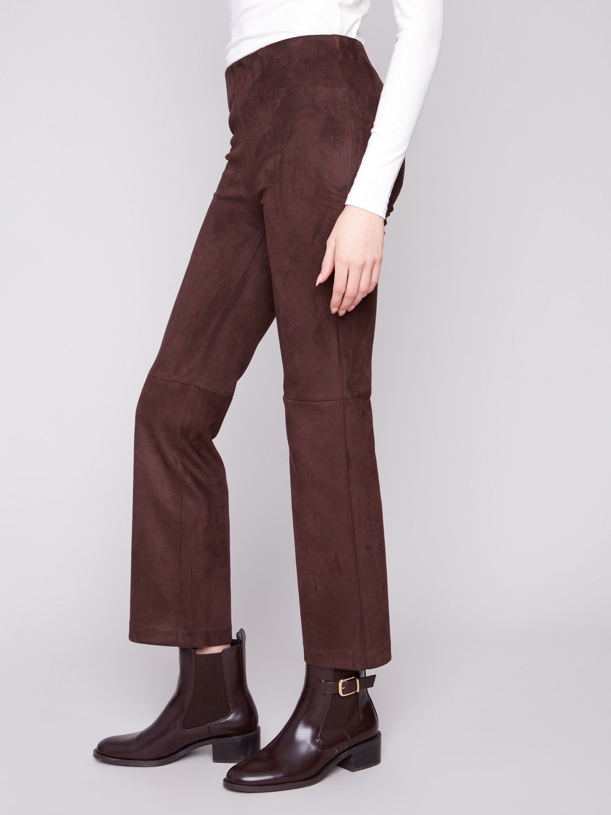 Faux suede mocha pants with a seam above the knee for added detail and style by Charlie B.