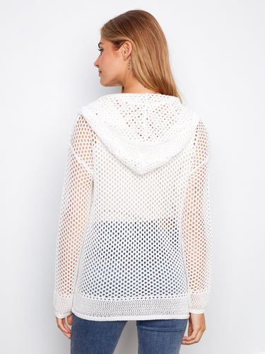 Elegant white fishnet texture hoodie with a striking gold heart motif by Charlie B.