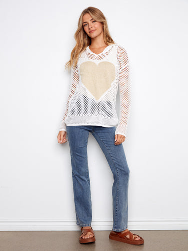 Chic white hoodie sweater in fishnet style, adorned with a golden heart accent by Charlie B.
