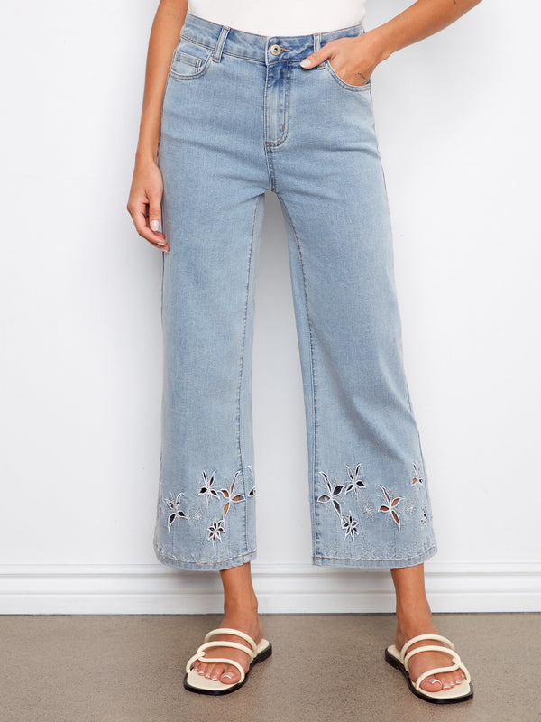 Flare Jeans With Palm Tree Embroidery - Light Blue