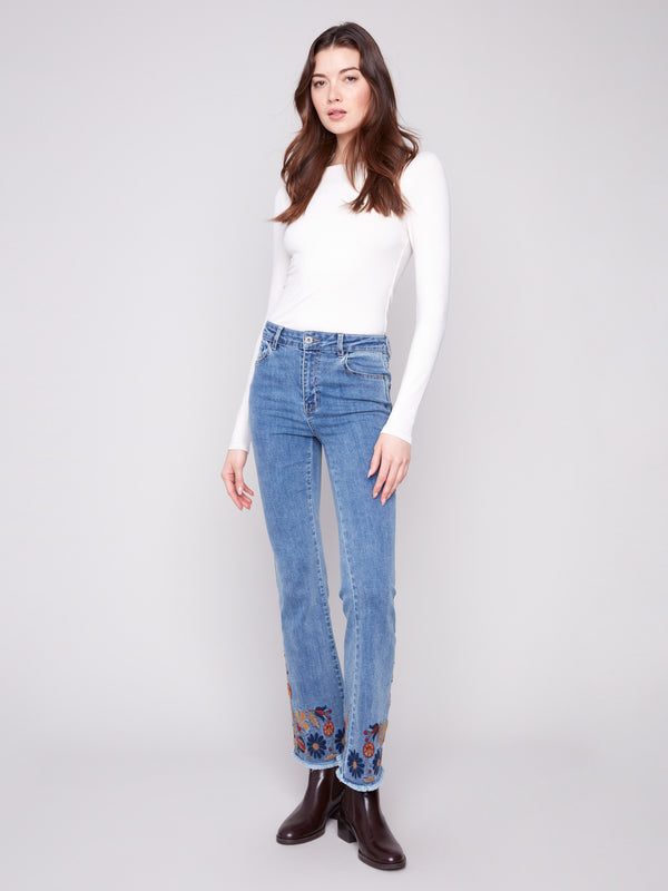 Flare Leg Jeans With Colorful Floral Embroidery - Medium Blue