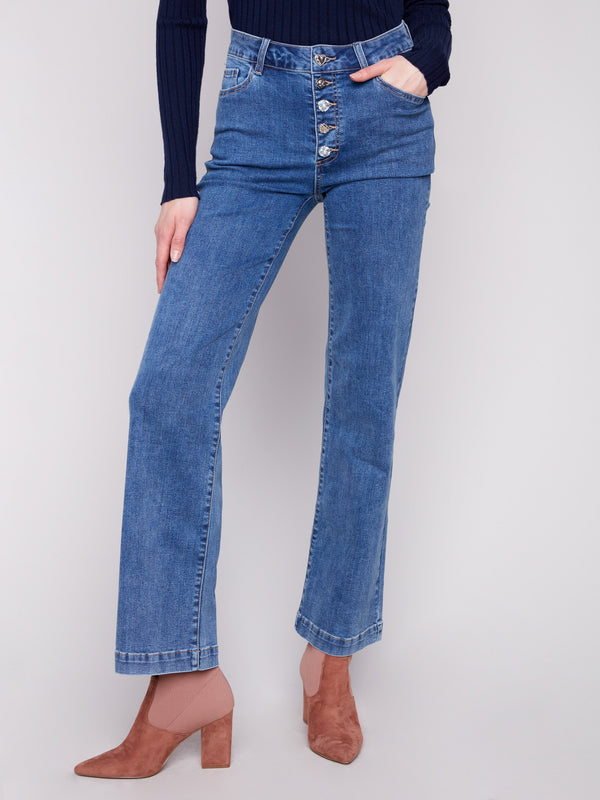 Flare Leg Jeans With Embellished Buttons - Medium Blue