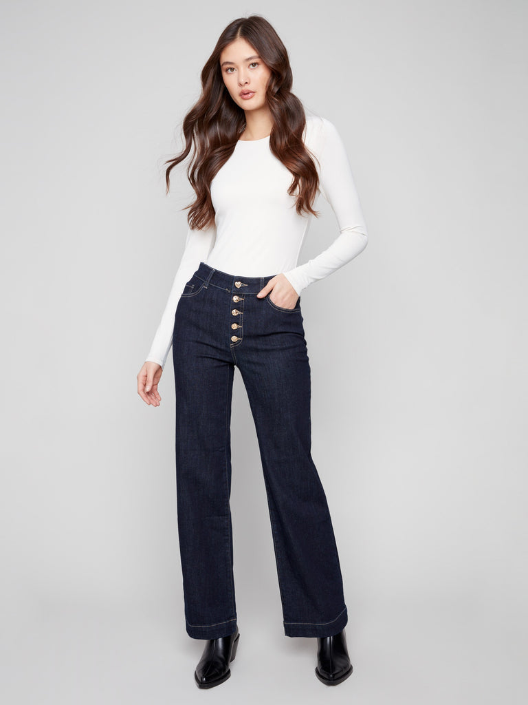 Flare Leg Jeans With Embellished Buttons - Deep Blue