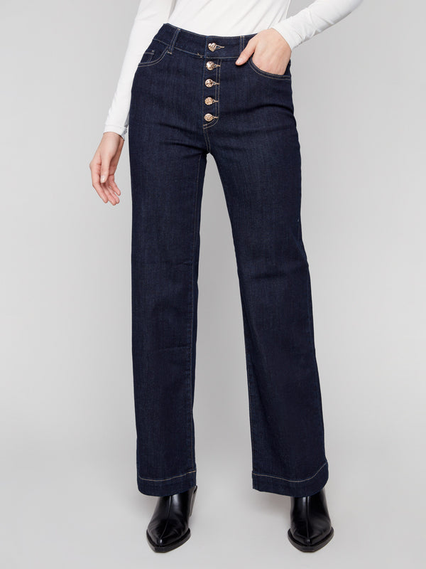 These long length jeans in deep blue offer a chic look with their elegant design and comfortable fit, made for style by Charlie B.