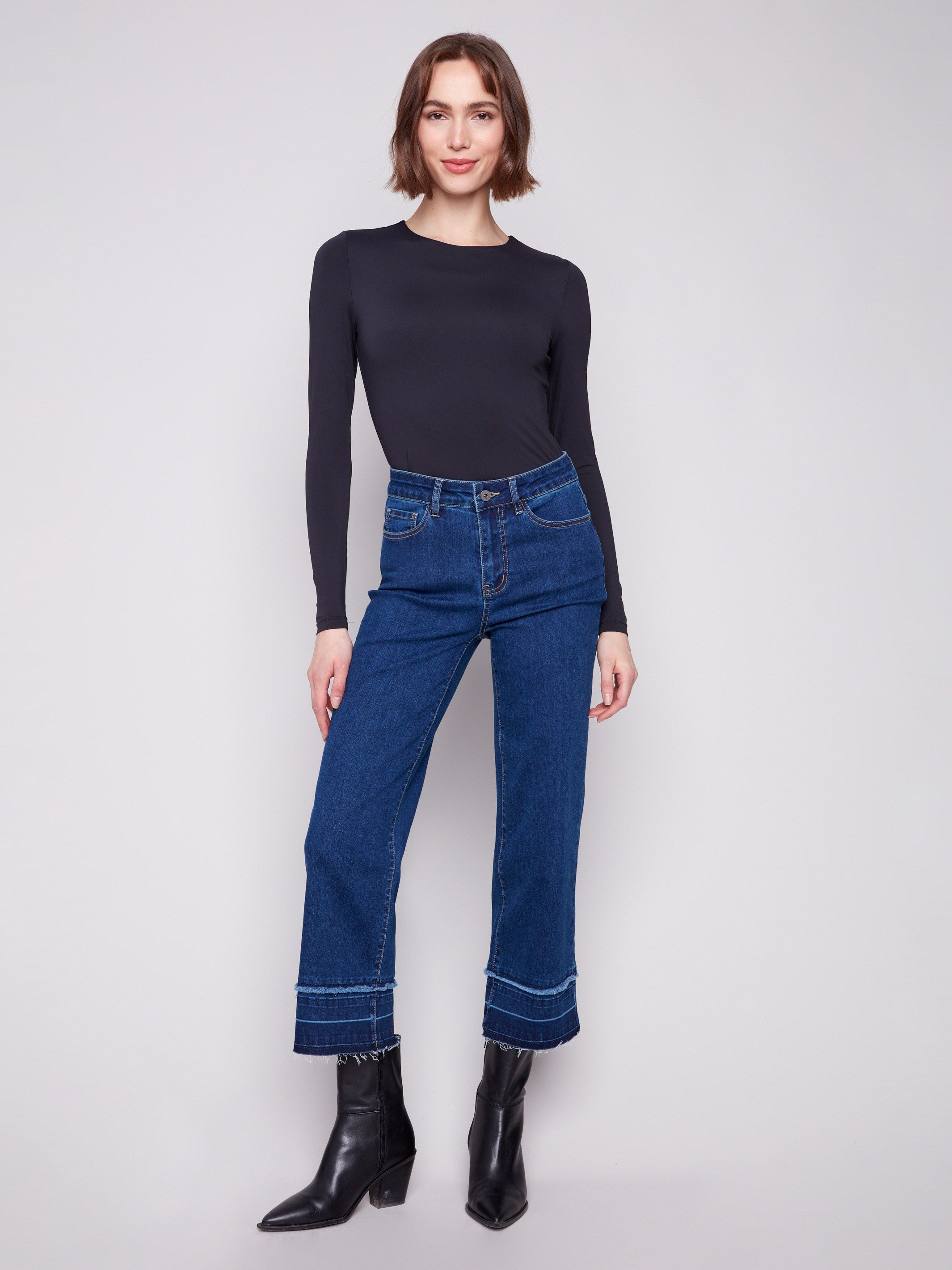 Indigo jeans featuring a stylish flare fit and cropped length, perfect for a trendy look by Charlie B.