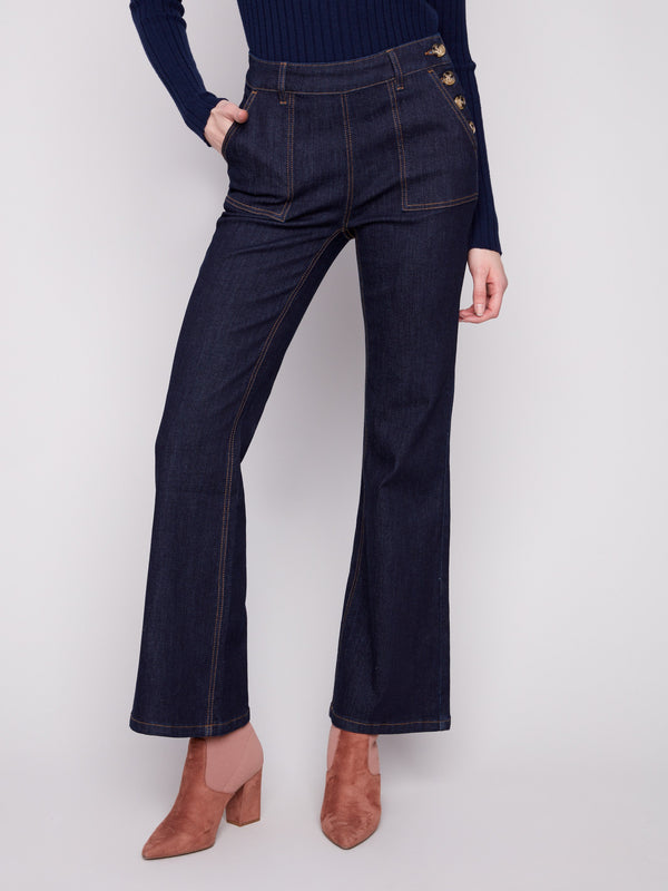 Stylish long-length jeans in deep blue with distinctive patch pockets, offering a modern look by Charlie B.