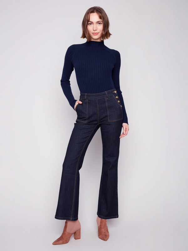 Chic deep blue denim jeans featuring a flattering long length and functional patch pockets by Charlie B.