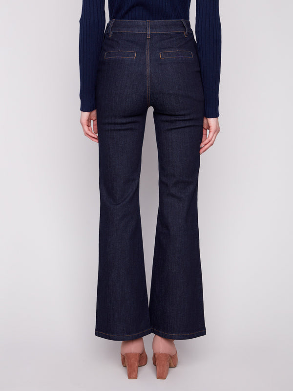 Flare Leg Jeans With Side Buttons - Deep Blue