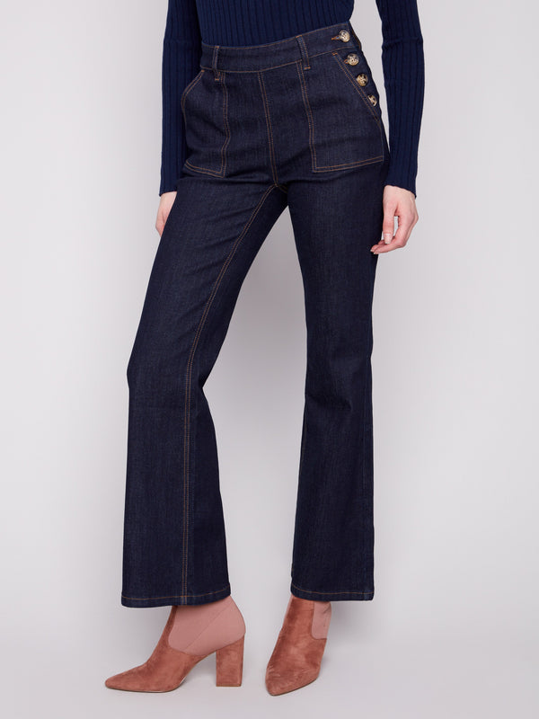 Flare Leg Jeans With Side Buttons - Deep Blue
