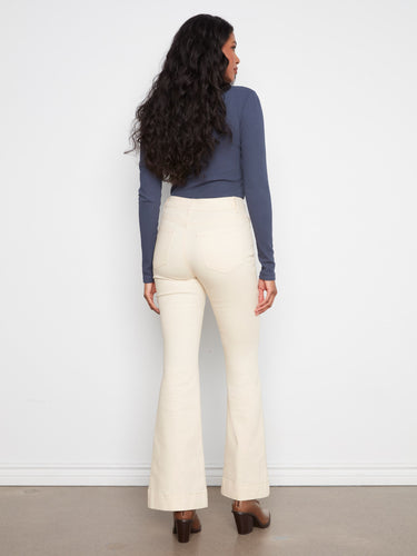 Stylish regular rise flare leg trousers crafted from comfortable stretch twill fabric, complete with button-zip closure by Charlie B.