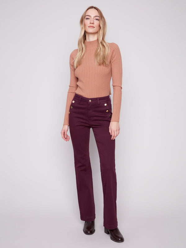 Flare Leg Stretch Twill Pants With Buttons - Berry