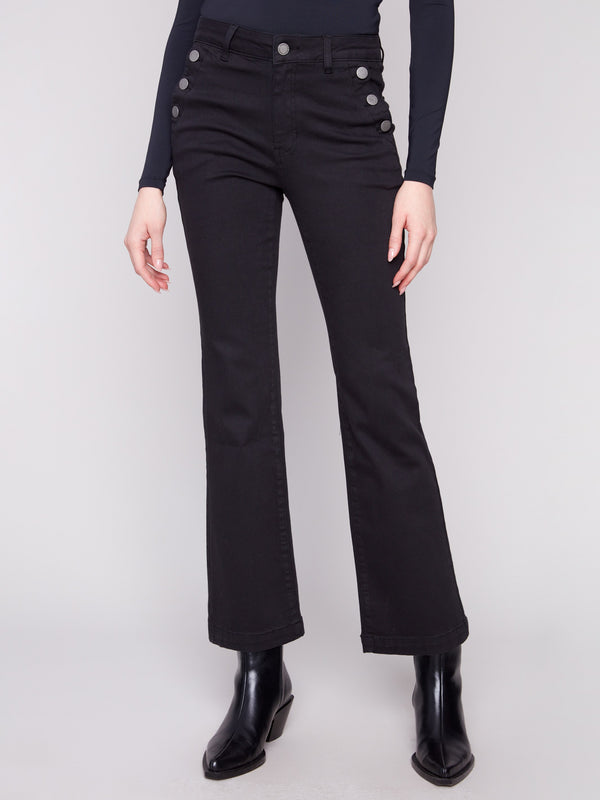 Flare leg black pants featuring stretch twill fabric and stylish side pockets by Charlie B.