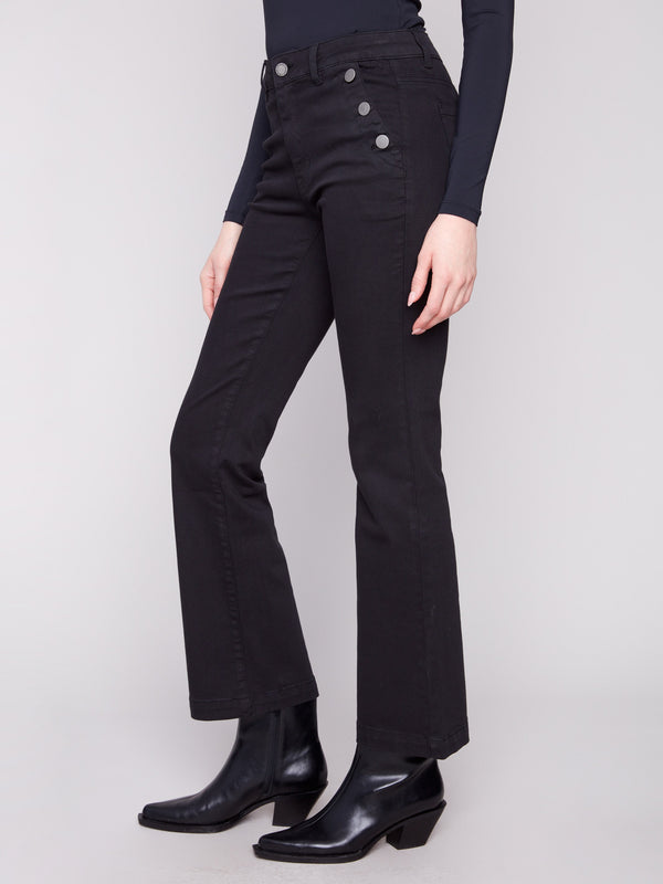 Regular rise black twill pants with back pockets and elegant button accents by Charlie B.
