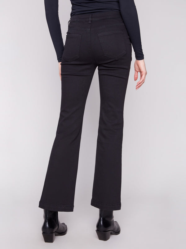 Chic black flare leg pants designed with stretch fabric for comfort and style by Charlie B.