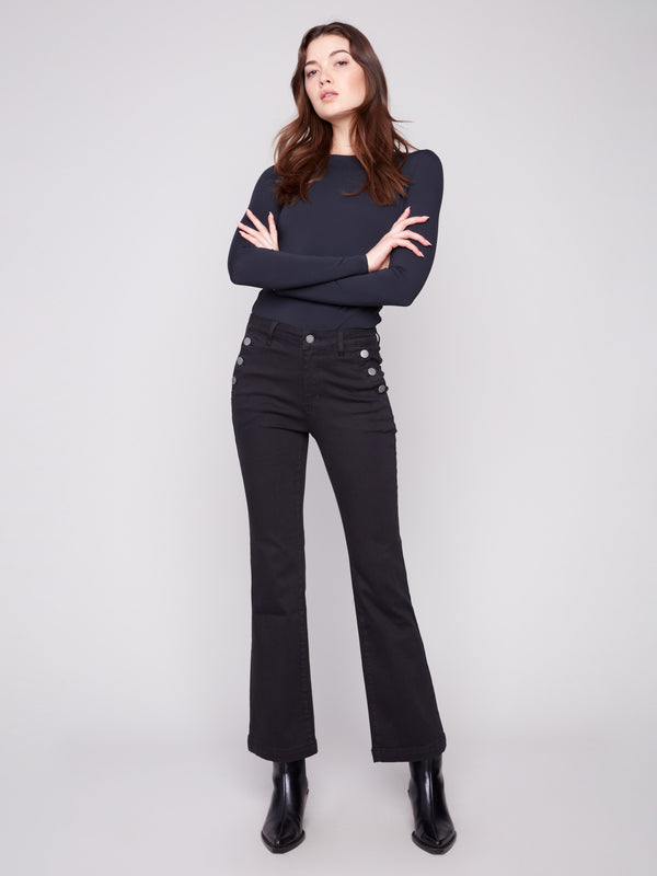 Stylish long length black pants with side buttons and practical side pockets by Charlie B.