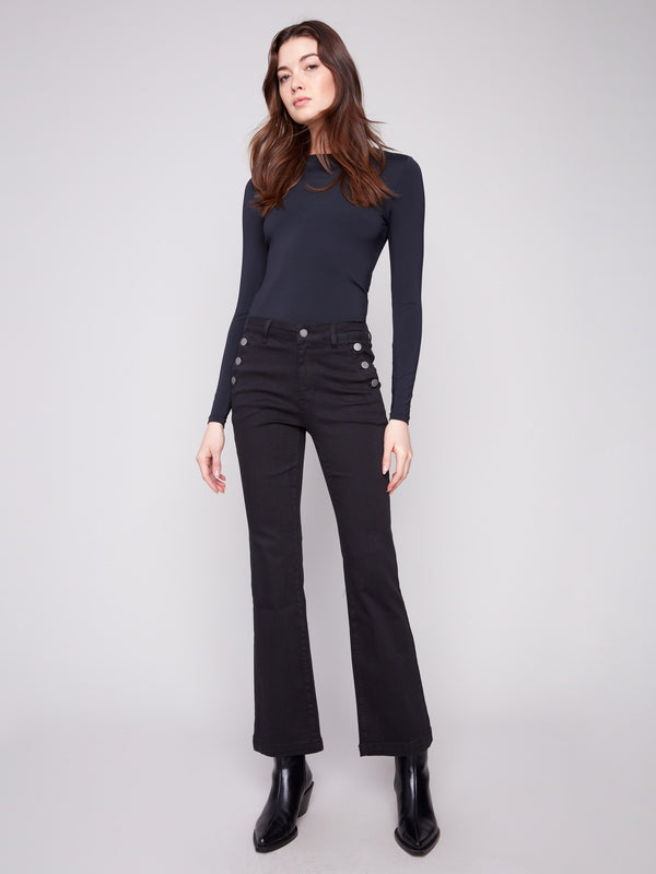 Flare Leg Stretch Twill Pants With Buttons - Black