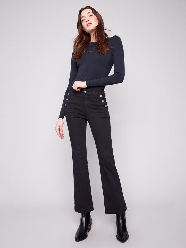 Flare Leg Stretch Twill Pants With Buttons - Black