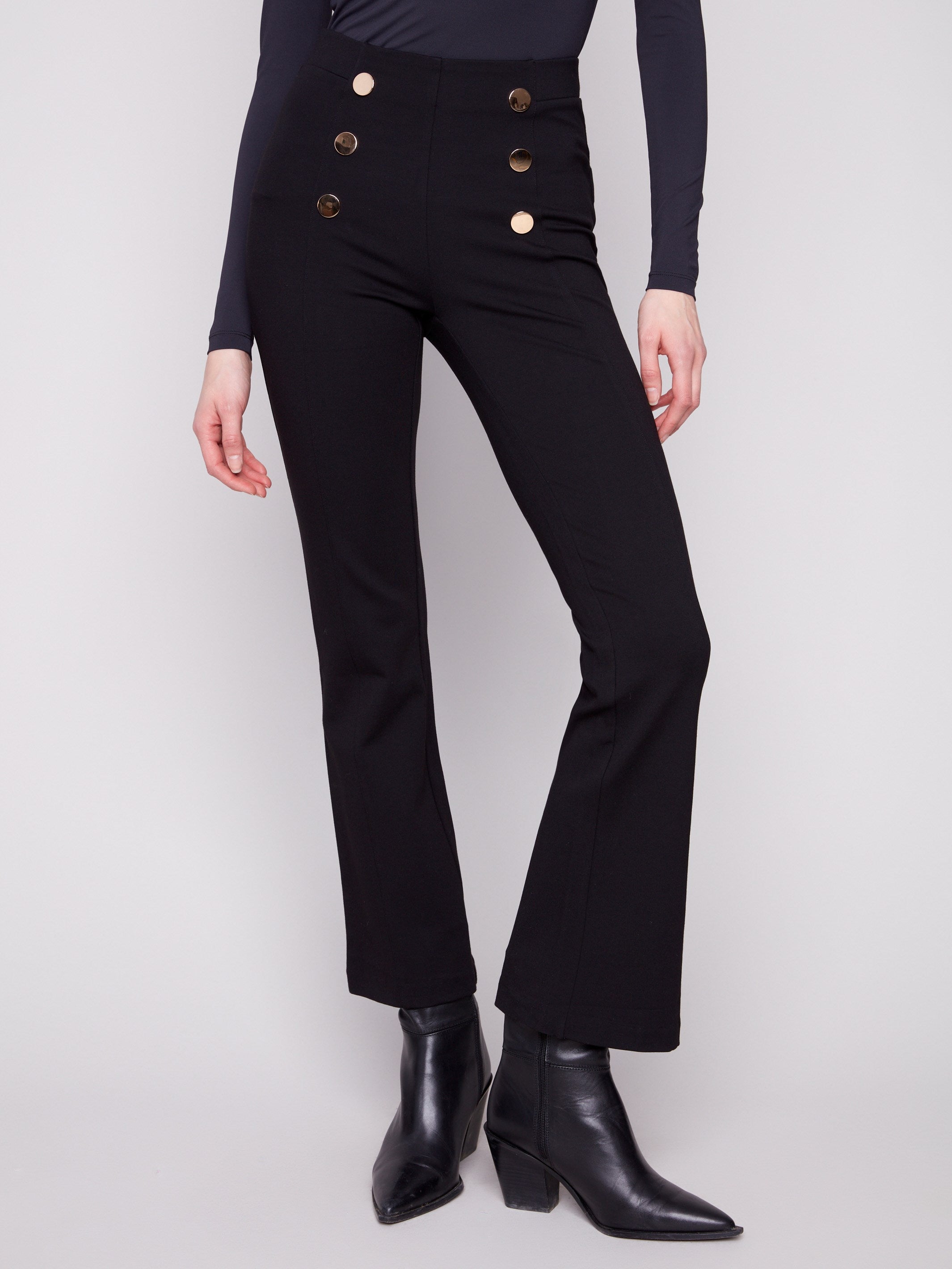 Elegant black ponte pants with faux back welt pockets and stylish button detailing by Charlie B.