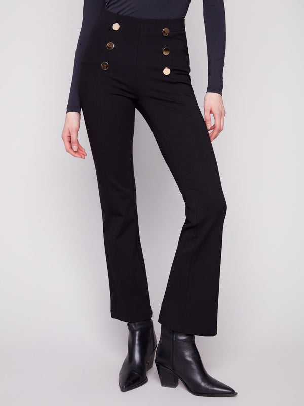 Elegant black ponte pants with faux back welt pockets and stylish button detailing by Charlie B.