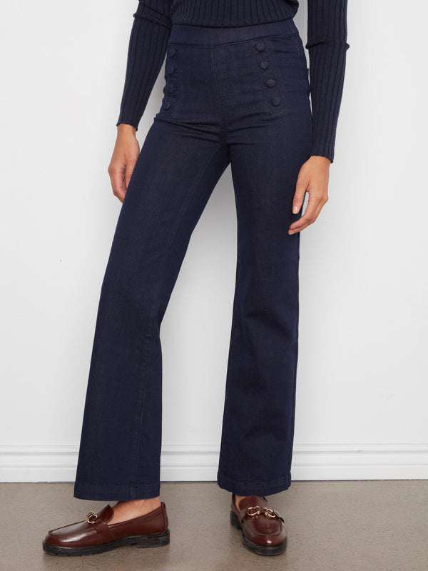 Flare Pull-On Jeans With Decorative Buttons - Blue Black