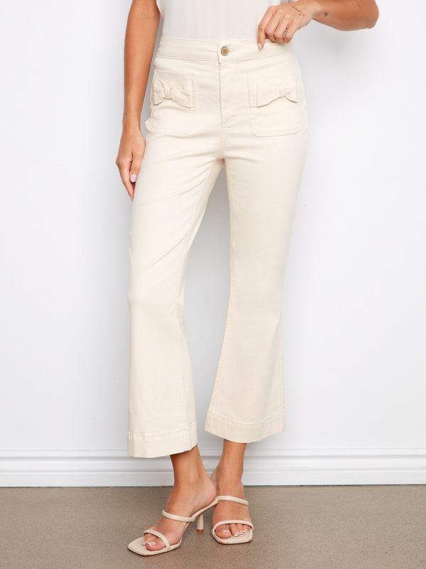 Flare Twill Pants With Bow Patch Pockets - Natural