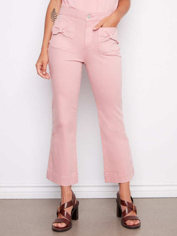 Flare Twill Pants With Bow Patch Pockets - Peony