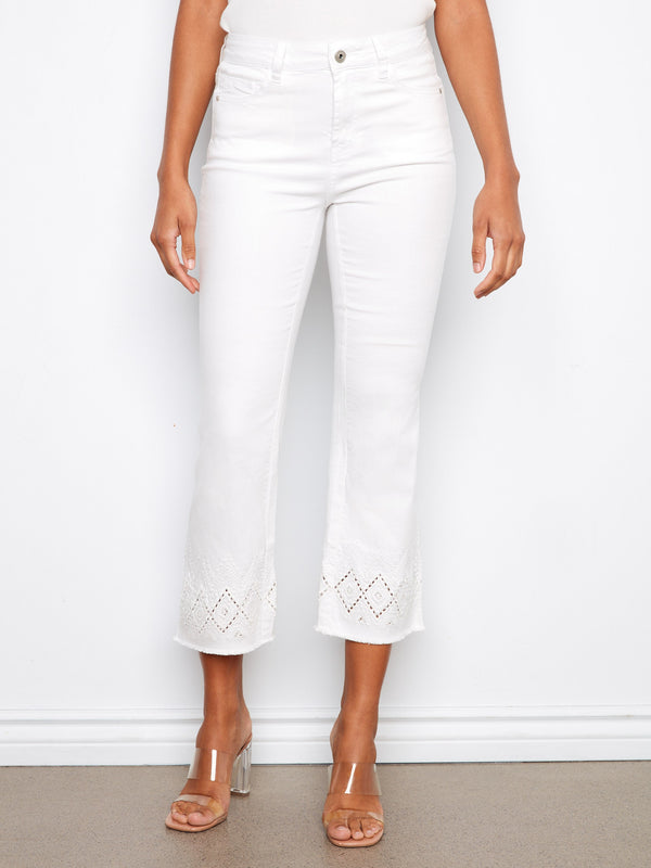 Flare Twill Pants With Zigzag Embroidery - White