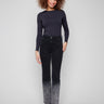 Charcoal flared jeans crafted from stretch denim material, featuring a floral washed hem and button closure by Charlie B.