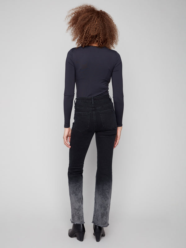 Flared Jeans With Floral Washed Hem - Charcoal