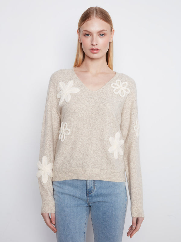 Chandail à col en V avec appliqués floraux - Amande Chiné