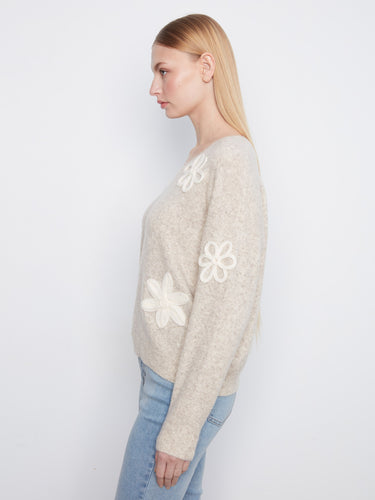 Soft V-neck sweater in almond hue with unique floral appliqué accents on the sleeves by Charlie B.