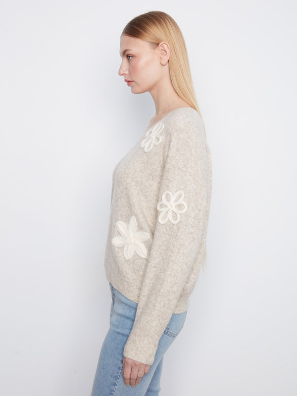 Chandail à col en V avec appliqués floraux - Amande Chiné