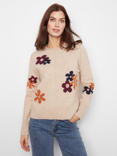 Heather-sand sweater adorned with ribbed hem and cuffs, featuring vibrant floral jacquard designs by Charlie B.