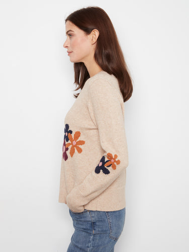 Elegant heather-sand sweater with crew neck and vibrant floral patterns, complete with ribbed detailing by Charlie B.