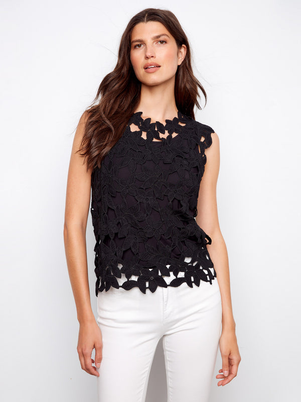 Floral Crochet Cap Sleeve Top - Black