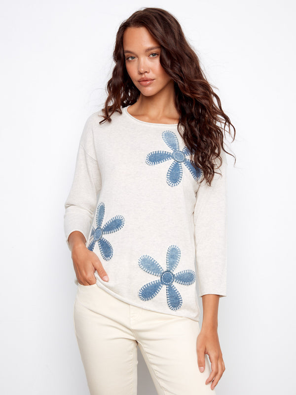 Heather Oat sweater with a stylish crew neckline and denim patches, perfect for casual outings by Charlie B.
