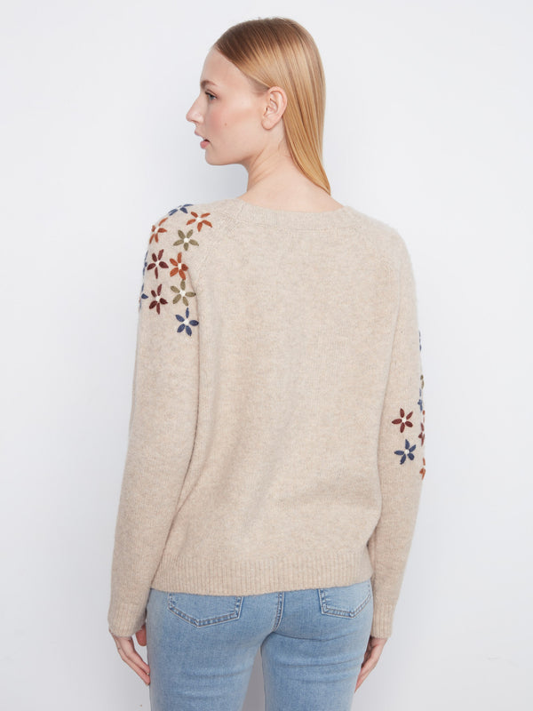 Chandail à col rond avec broderies florales - Caillou Pâle Chiné
