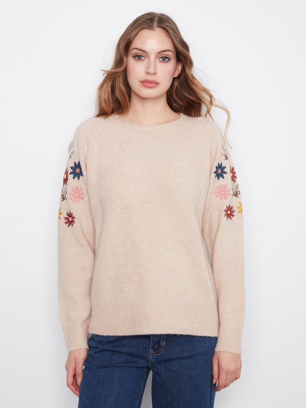 Floral Embroidered Raglan Sweater - Heather Almond