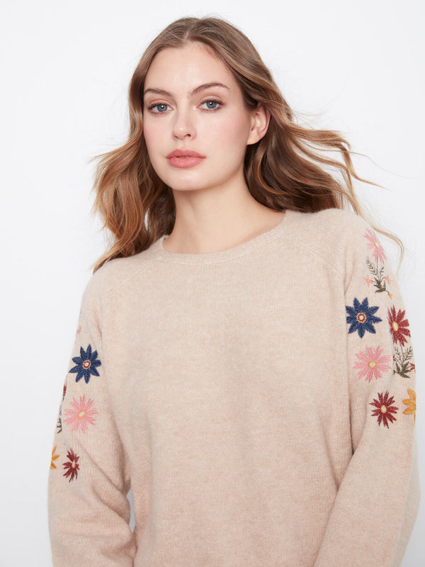 Floral Embroidered Raglan Sweater - Heather Almond